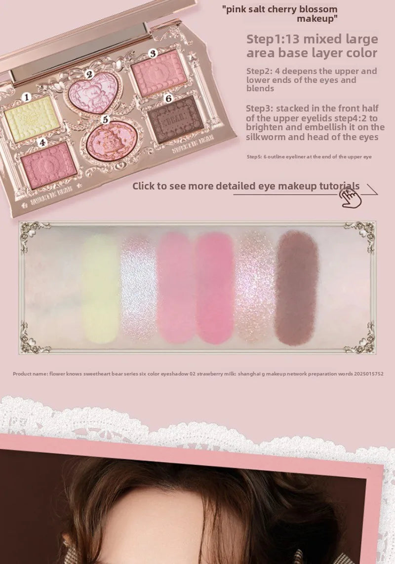 Flowerknows SWEETIE BEAR COLLECTION 6 Color Eye Shadow Palette Long Lasting Glitter Shimmer Finish Eyeshadow Powder