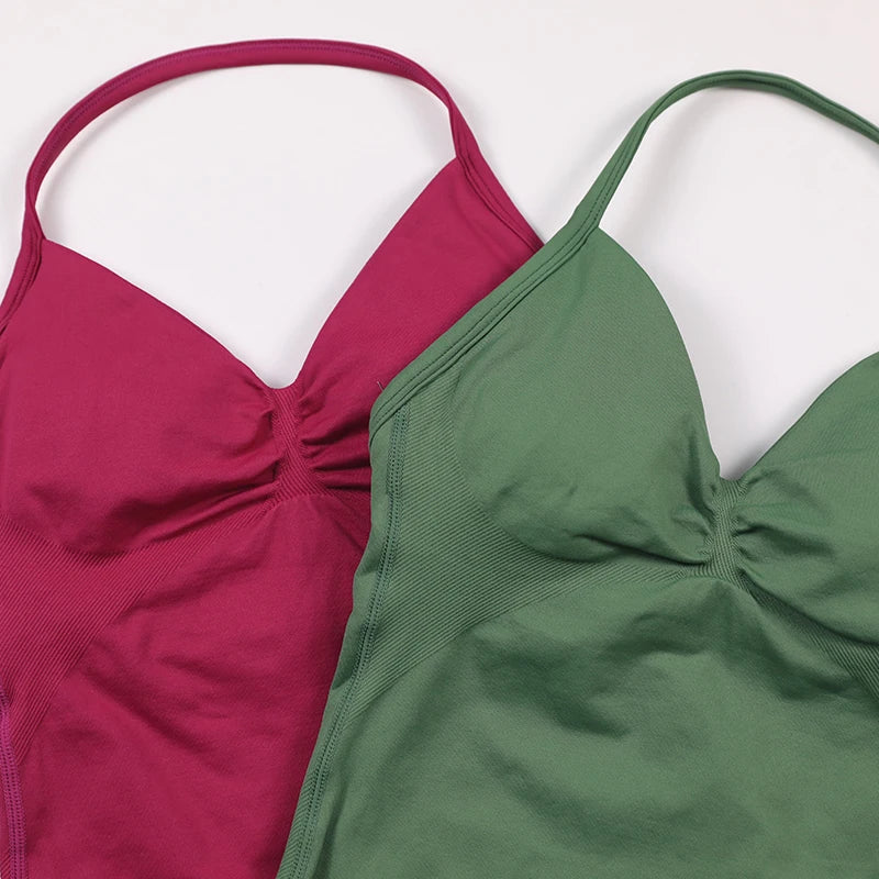No Logo Longline Strappy Top Women Seamless Yoga Tank Top Ruched Backless Gym Clothes Workout Sleeveless Shirt With Built In Bra