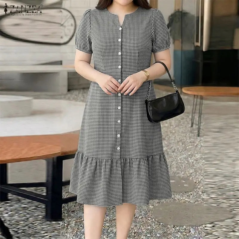 ZANZEA 2026 Summer Sundress Women Elegant OL Work Dress Plaid Checked Short Sleeve A Line Vestidos Robe Stylish Holiday Dresses