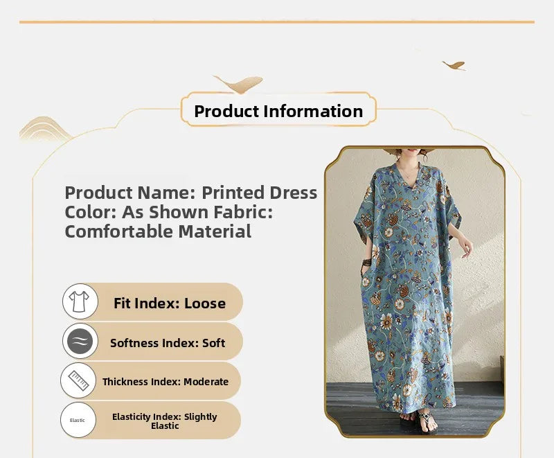 Summer Fashion Print Short Sleeve Dress V-Neck Conceal Hip Large Size Women's Dress Retro Commute Style Cotton Long Dress