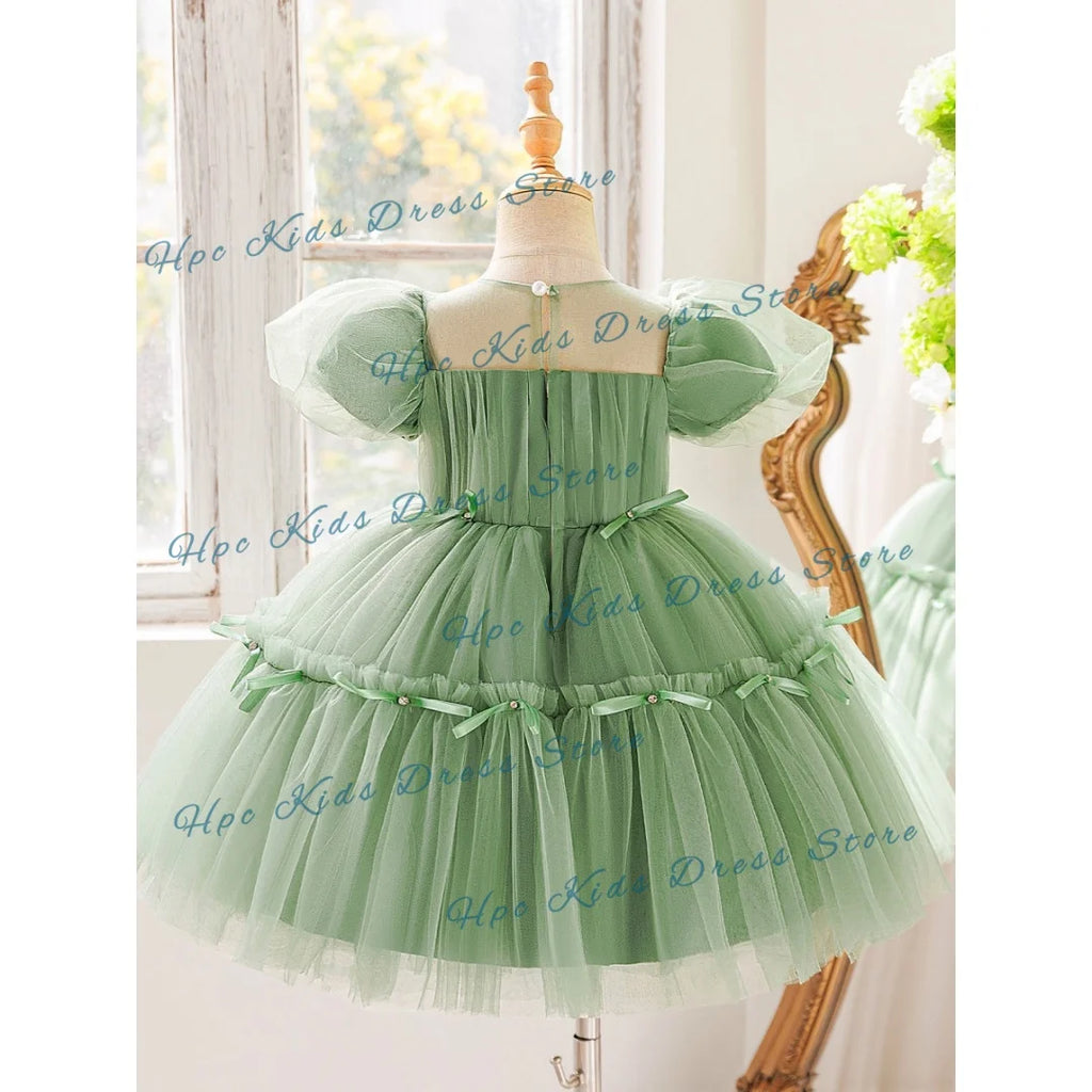 Custom Sage Green Tulle Flower Girl Dress Puff Sleeve Tiered Ruffle Bow Knee Length  Party Bridesmaid Wedding Formal Event