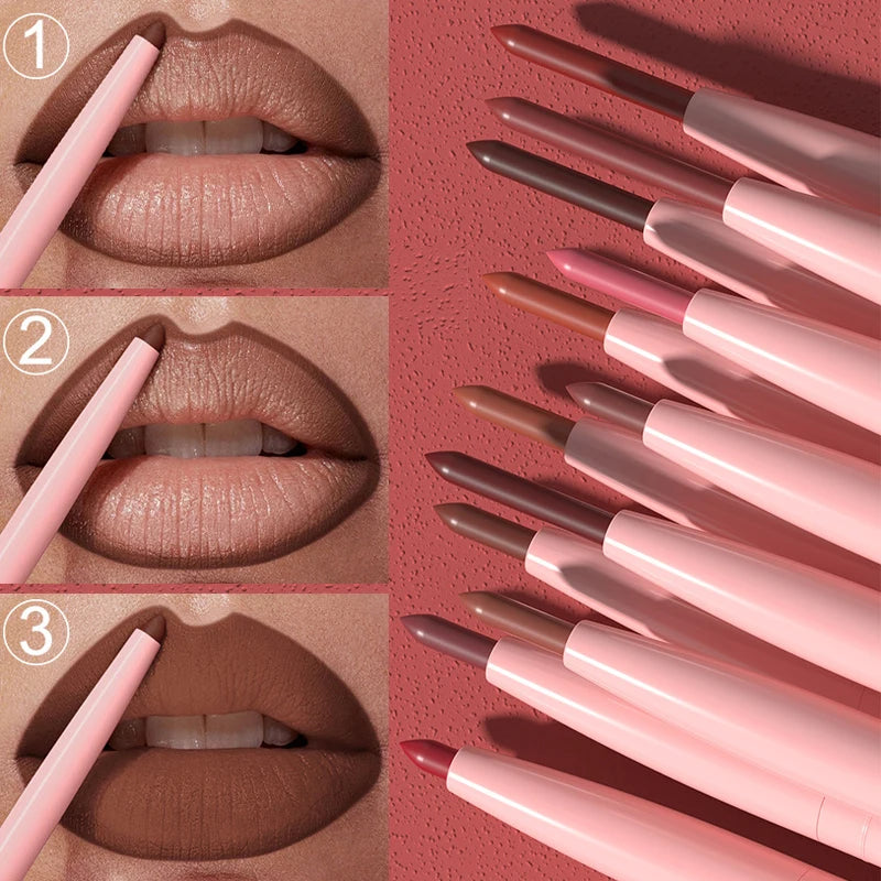 12 Colors Matte Red Brown Lipliner Pencil Waterproof Non-stick Cup Slim Lipstick Make Up Nude Pink Lip Liner Outline Lip Contour