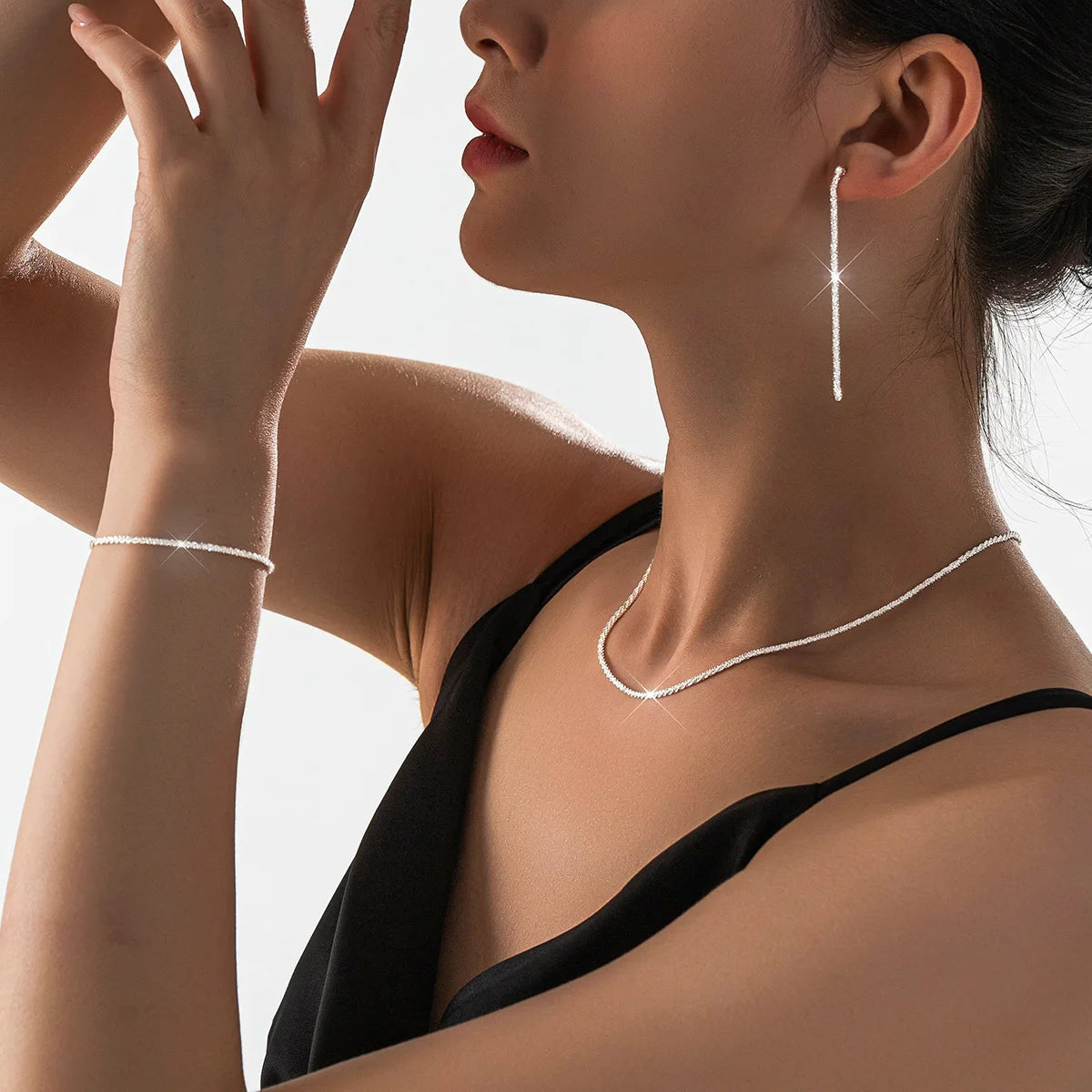Set Of Shiny Silver Plated Collarbone Chain Necklace Bracelet Jewelry, Women'S'S Minimalist Starry Sky Accessories