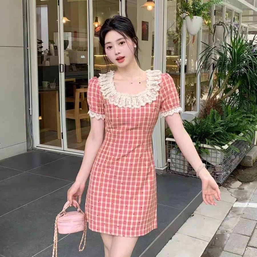 Retro Square Collar Red Plaid Heart Women's Dress plus Size Floral Trim Slimming Skirt High Waist Bubble Sleeve Summer Dress