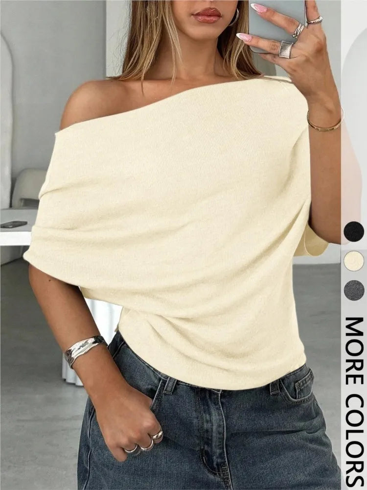 Women's Fashion Sexy Hot Girl One Shoulder T-Shirt 2026 Summer New Slim Bat Sleeve Solid Color Versatile Top T-Shirt Female