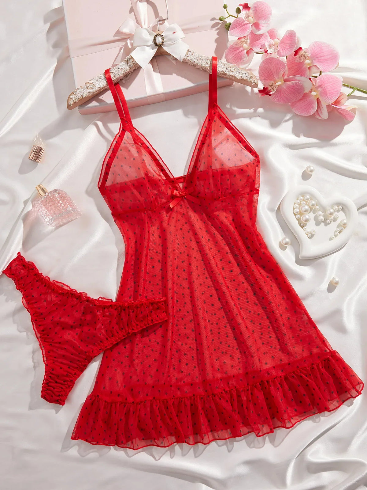Polka Dot Mesh Babydoll Lingerie Set Strap V Neck Ruffle Hem Bodycon Dress Women's Butterfly Knot Cross Border Sheer Dress