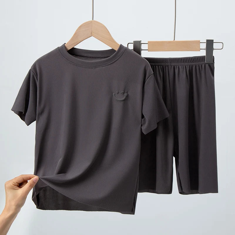 2-Piece Ice Silk Casual Short-Sleeve Shirt and Shorts Set