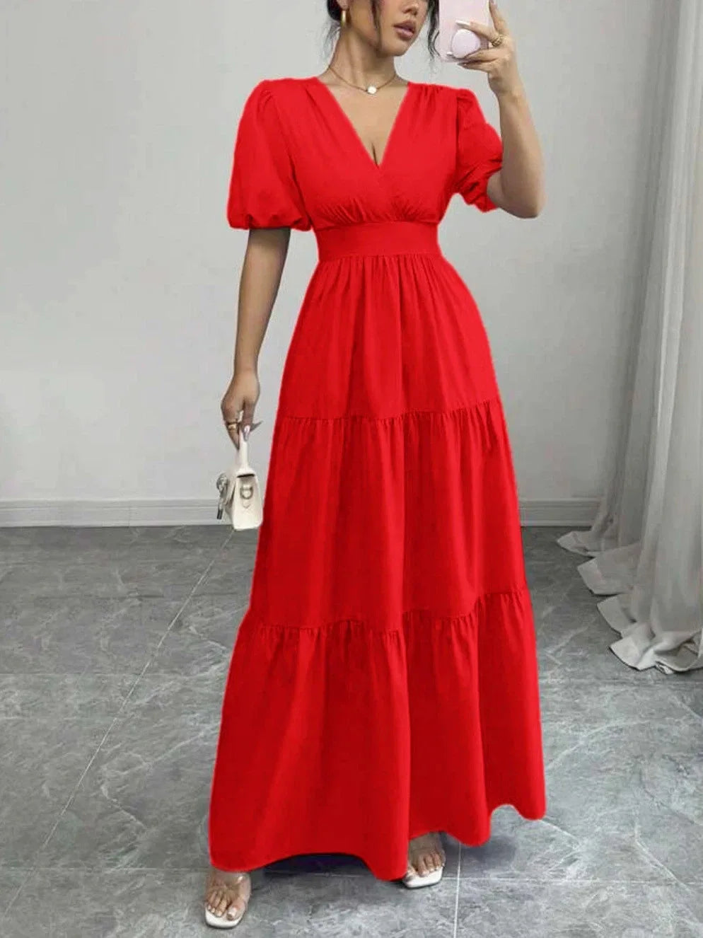 New Spring/Summer Fashion Casual Short Sleeve V-neck Solid Color Slim Fit Ankle Length Patchwork Fit And Flare Dress,2 Colors