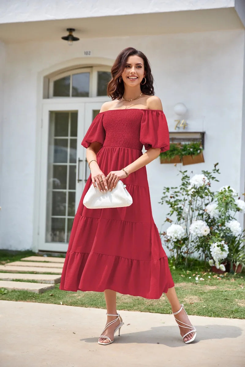 2026 Spring Summer Elegant Women's Long Dress Fashionable Solid Color Square Neck Puff Sleeve Pleated Slim Fit Loose Hem Dress