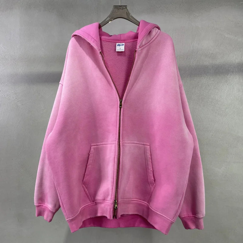 Maqvob European And American High Street Autumn Tie Dye Washed Vintage 360G Fleece Lined Double Zip Puller Sweatshirt Hoodie