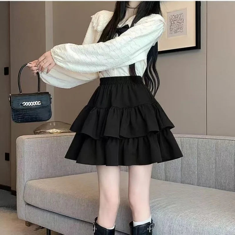 Japanese Y2k Cute Ruffled Plaid Skirt Subculture White Lace Cake Skirts Preppy Casual New Women Princess Puffy Skirts Mini Skirt