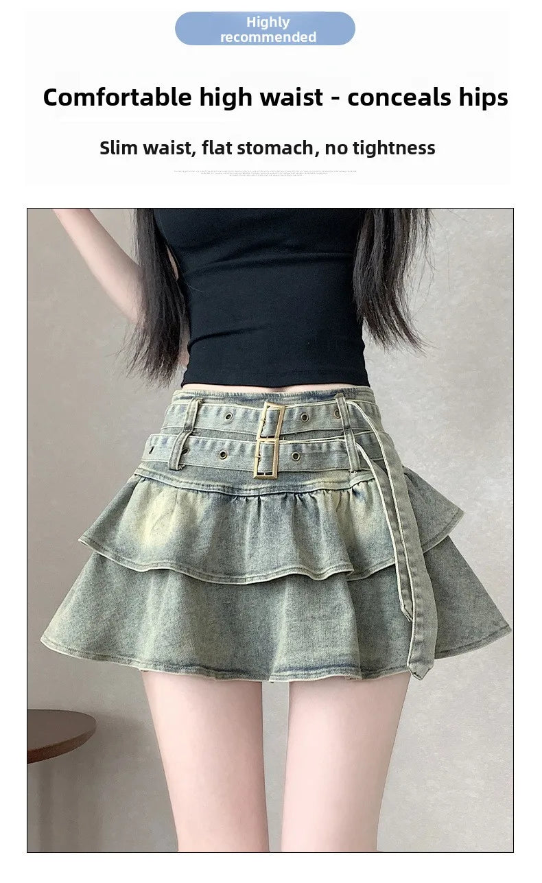 American Pure Desire Spicy Girl Design Elastic Denim Skirt Half-length Pleated Cake Skirt Short Commute High Elasticity