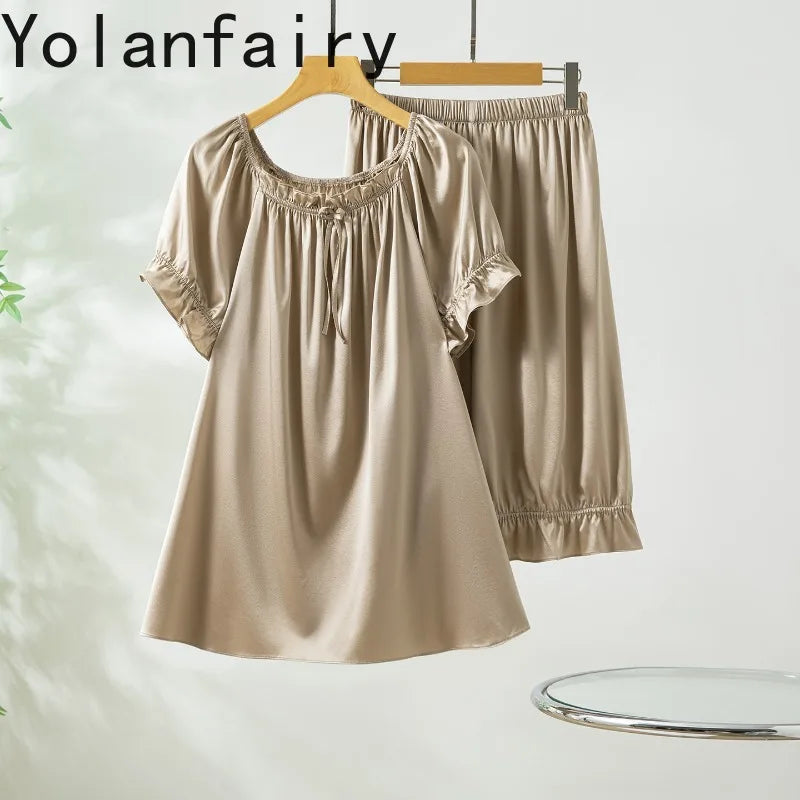 YOLANFAIRY 93% Real Mulberry Silk Pajamas for Woman 2026 Spring Summer High-end Sets Woman 2 Piece Short Sleeve Pijamas De Mujer