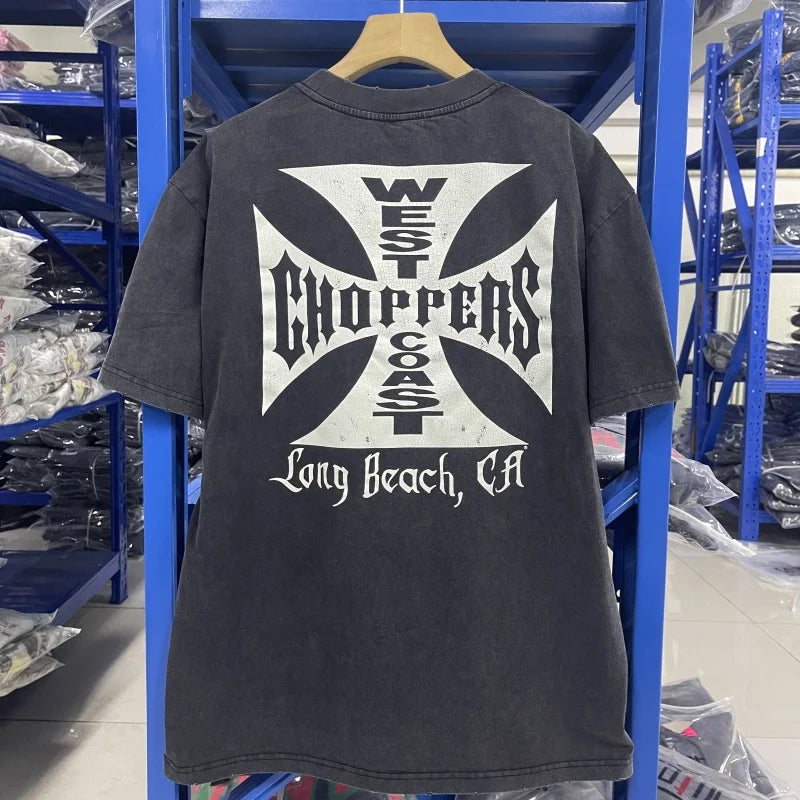 Summer Vintage West Coast Choppers Printed Washing T-Shirt Women'S Cotton Breathable Retro Biker Style Loose Fit Casual Streetwear