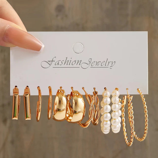 Silver Color Pearl Twist Hoop Earrings Set For Women'S Jewelry Pendientes Vintage Circle Geometric Dangle Earrings Trendy Gifts