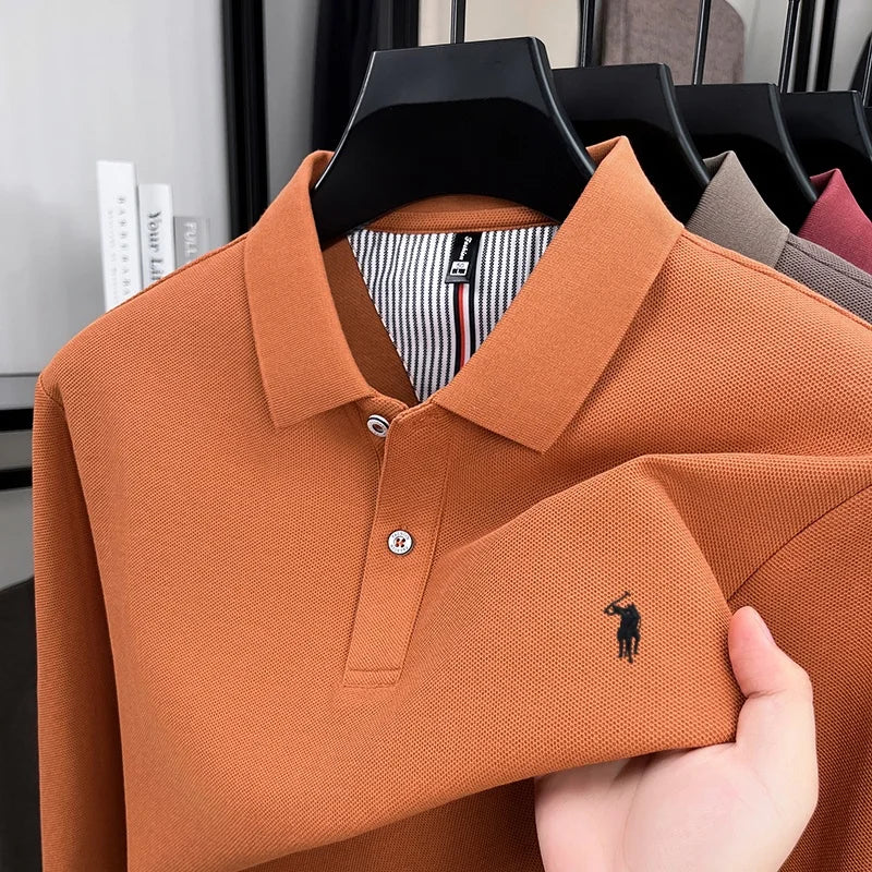 Pure Cotton Polo Shirt For Men Premium Embroidered Pony Logo Autumn Winter Long Sleeve Business Casual