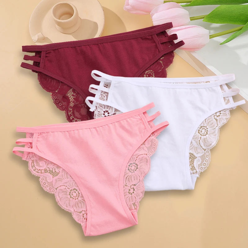 Sexy Floral Lace Panties 3Pc Set For Women Low Rise Hollow Out Transparent Briefs