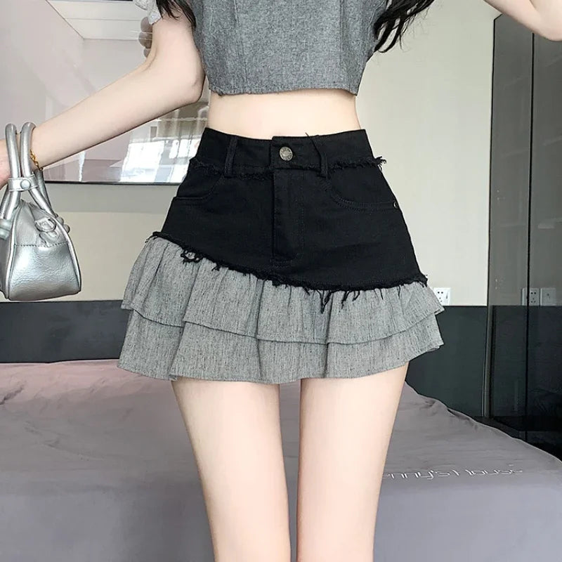 Fashion 2025 New Denim Patchwork Ruffle Denim Skirts Women Summer Retro High Waist Slim Skirts Woman