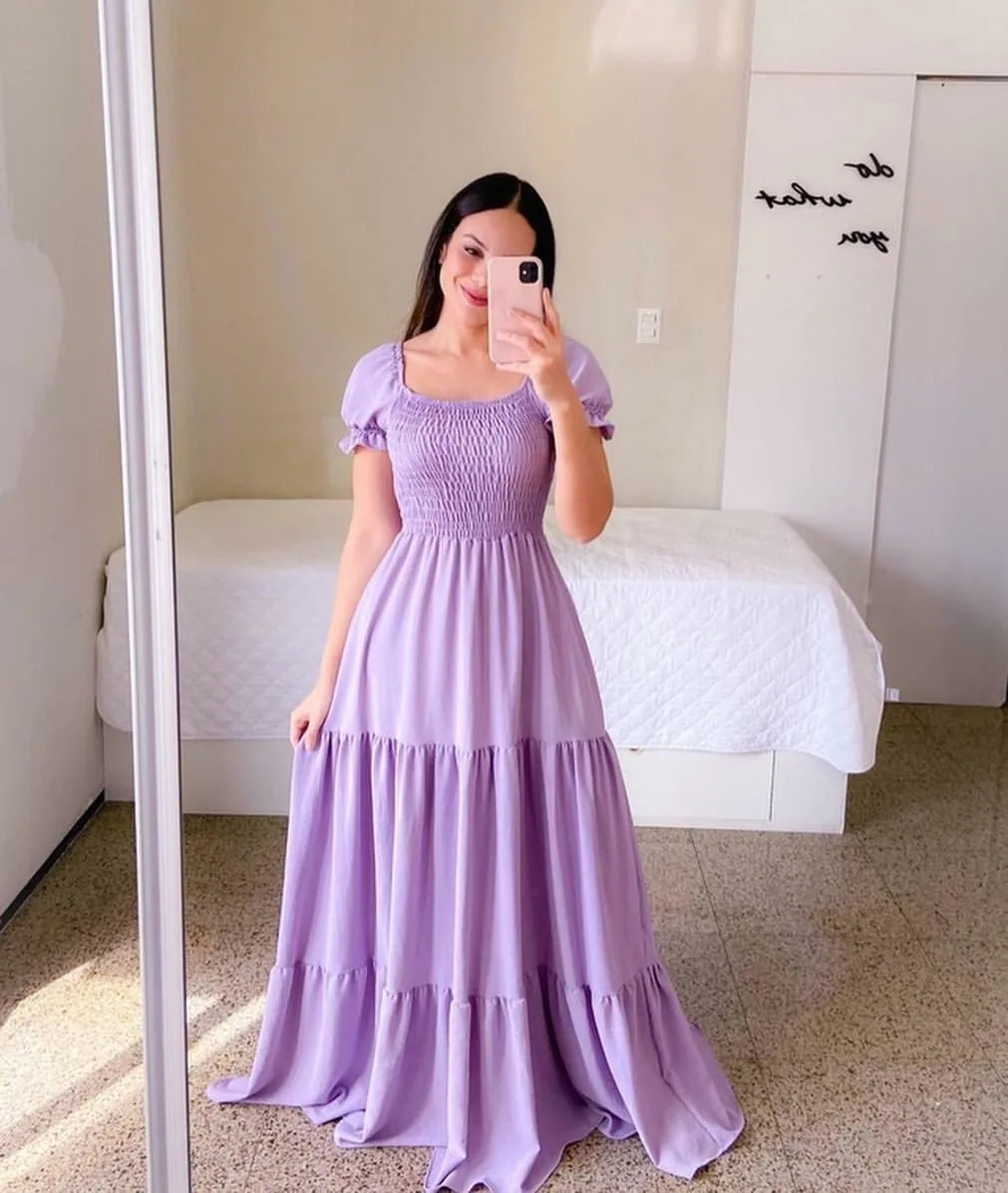 New Women's Boho Floral Dress Spring Summer European American Women's Clothing Off-shoulder Fragrant Long Solid Color Dress