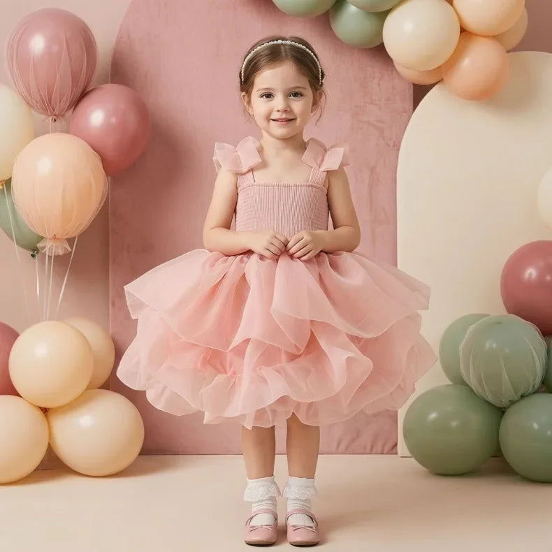 2026summer Fashion Baby Girl Princess Tutu Dress Bowknot Sleeve Child Tulle Vestido Pageant Party Birthday Baby Clothes 0-10Ynew