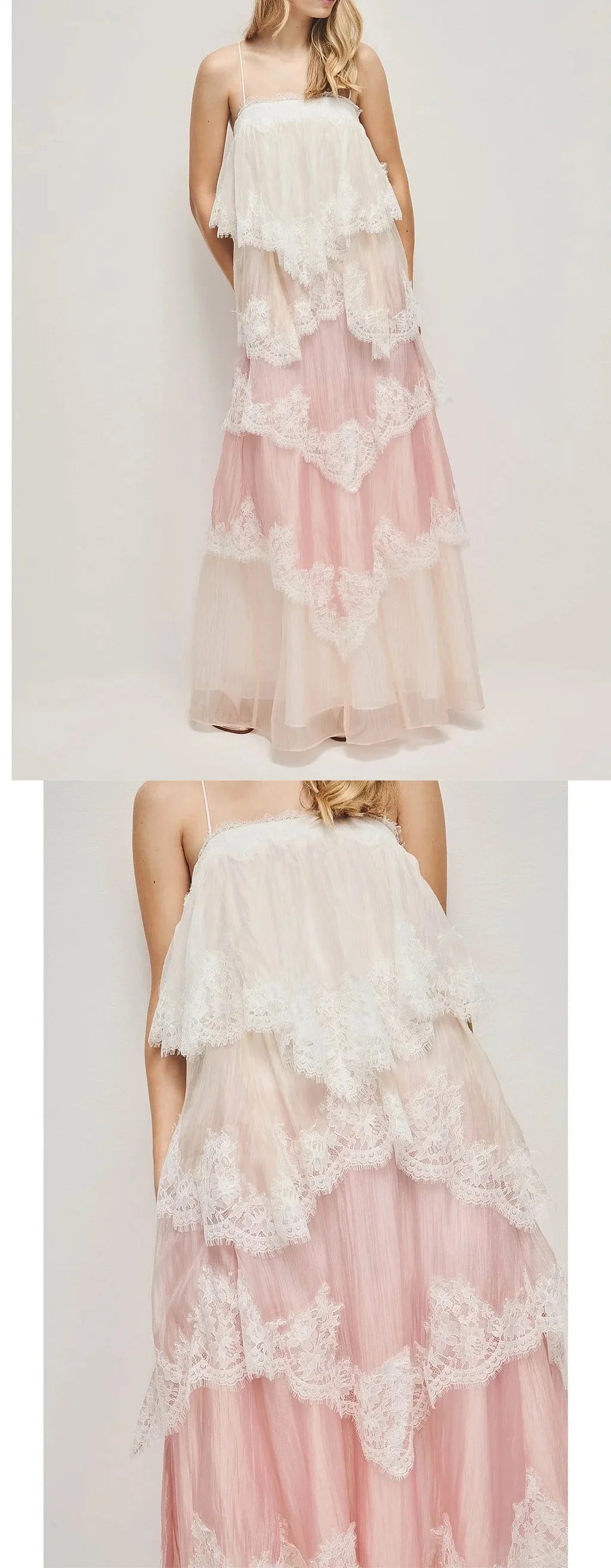 French Vintage Lace Gradient Camisole Long Dress Spring Summer Floral Maxi Dress Elegant Layered Ruffle Dress