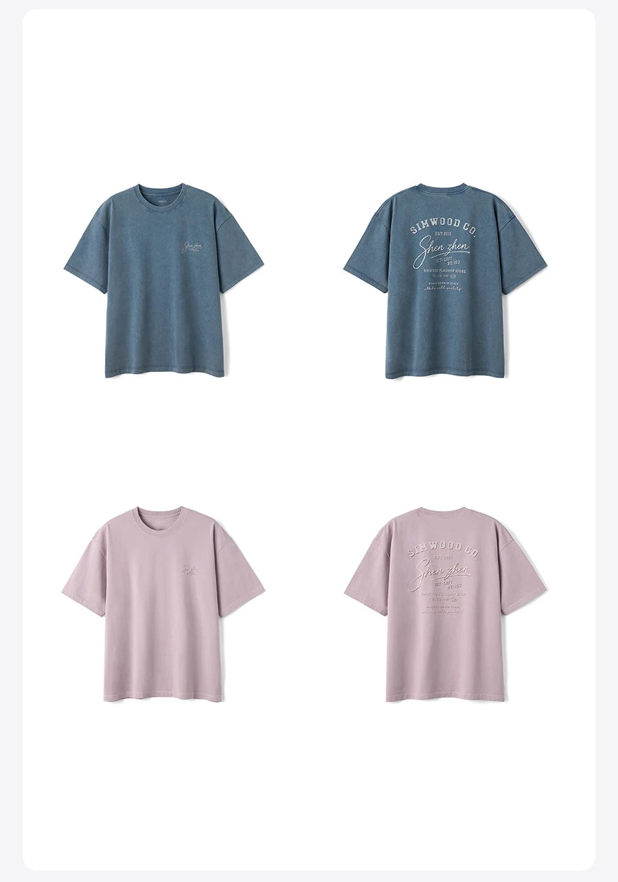 SIMWOOD 2026 Summer New 280gsm 100% Cotton Fabric T-shirts Men Washed Vintage Letter Print Tops Plus Size Tees