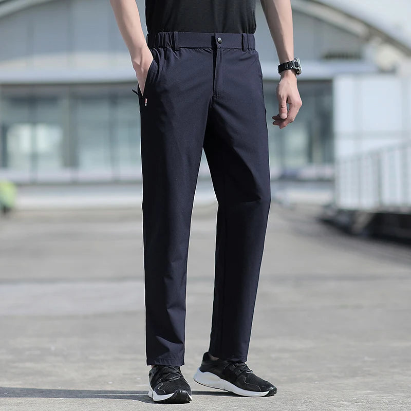 Large Size Men'S Summer Pants Big Size Ice Silk Stretch Breathable Straight Leg Pants 6Xl Quick Dry Elastic Band Black Trousers
