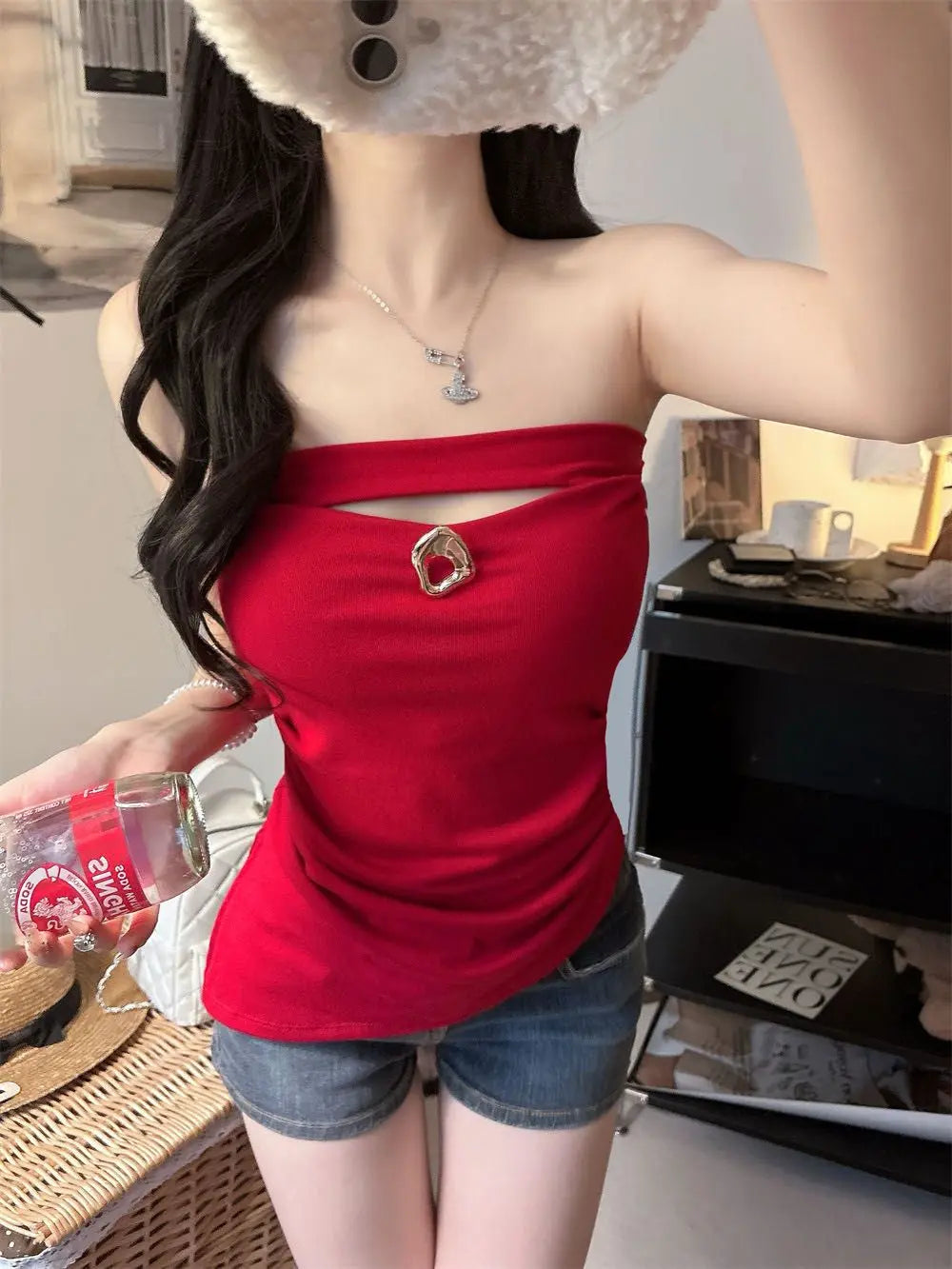 Sexy Slimming Red One-Shoulder Tube Top Women's Summer Fitted Hollow out Chest Pad Korean Style Thin T-Shirt Vest