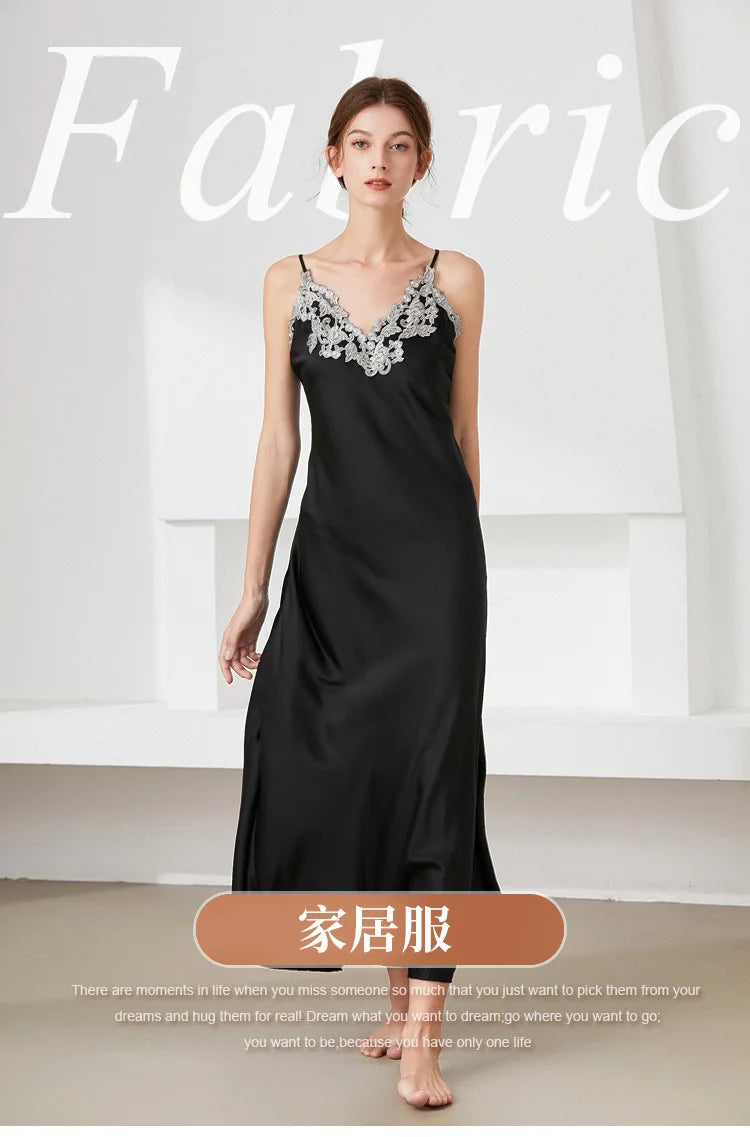 1 PCS Women's Silk Like Lace Sexy V Neck Long Sling Sleep Dress Pajamas Elegant Soft Skin-Friendly Fashion Home Wear