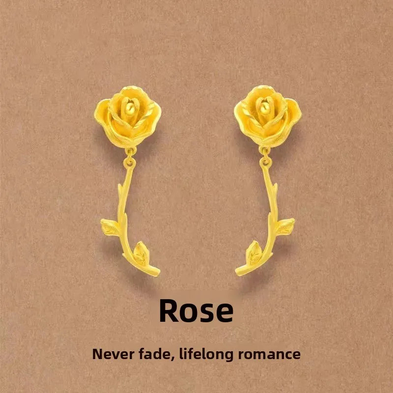 Fashionable Rose Gold Earrings Necklace Set Women's Style Vietnamese Sand Gold Rose Flower Jewelry Copper Plated Geometric Shape