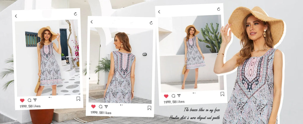 New Women's Summer Sleeveless Dress Round-Neck Loose-Fitting Dress Casual Botanical Floral Print Beach-Style Country Dress