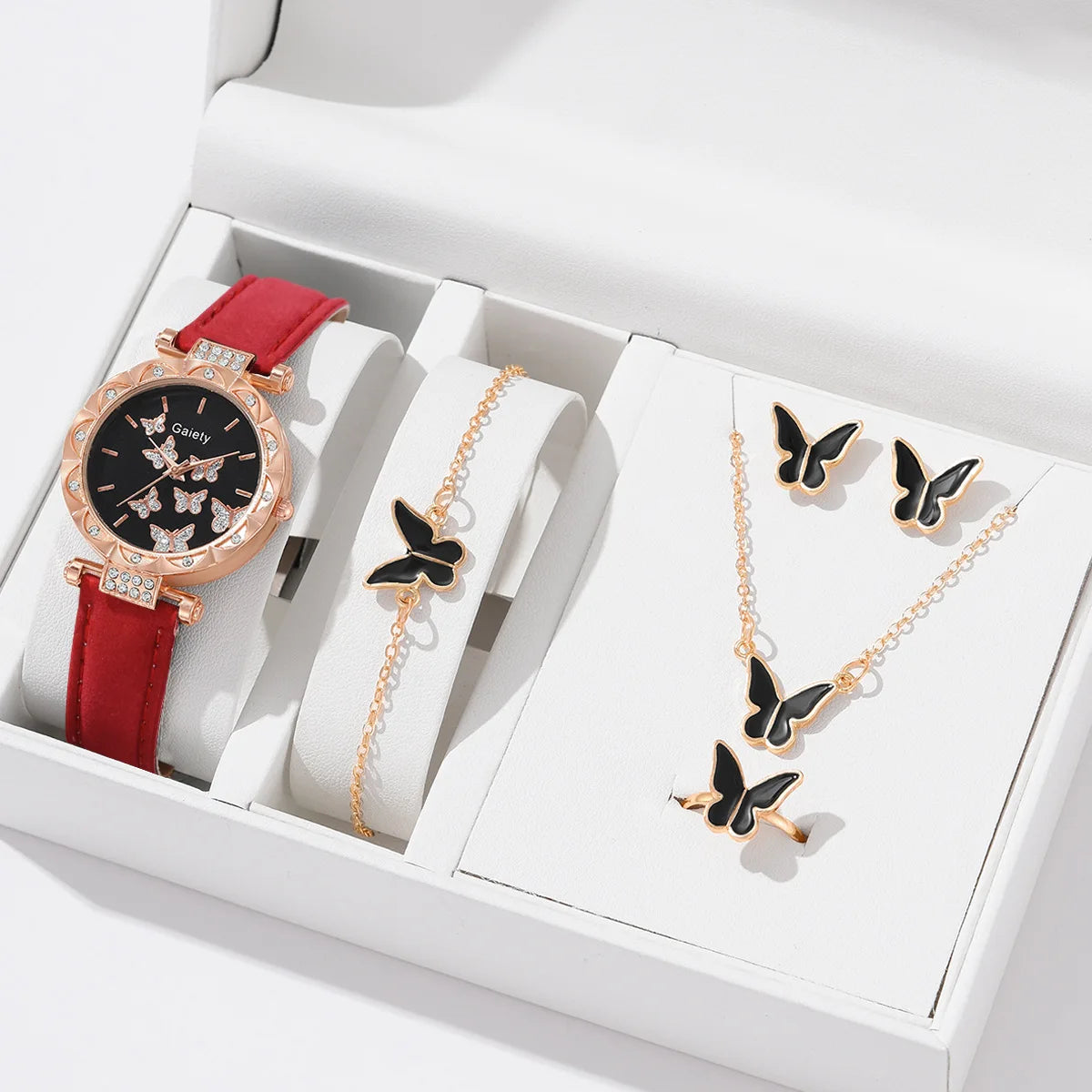 Butterfly Jewelry Set For Women Elegant Leather Watch Ring Necklace Earrings Bracelet Wedding Gift