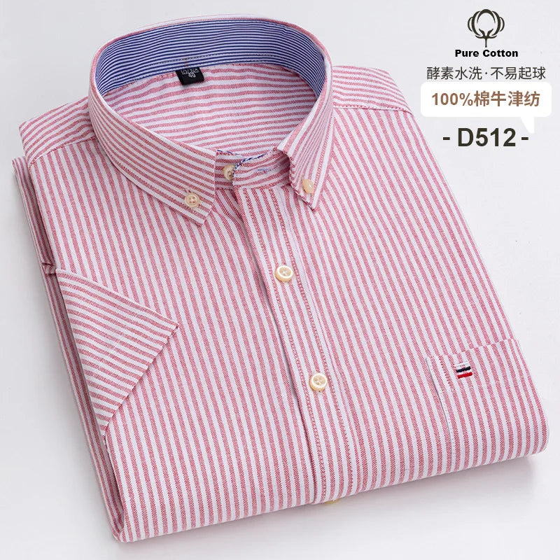 7XL Classic Men's Short Sleeve Shirt 100% Oxford Cotton Casual Plaid Stripe Shirt Business Men's Shirts Short Sleeve Large Size