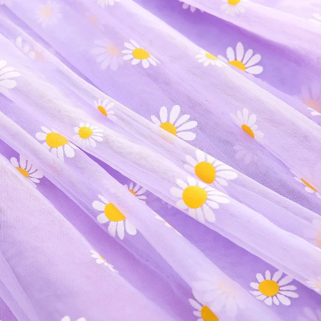 Toddler Girls Summer Sling Dress Sleeveless Daisy Print A-Line Tulle Princess Dress Kids Birthday Party Skirt Cute Baby Clothes