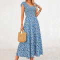 Women's Summer Flowy Maxi Dress Casual Cap Sleeve V Neck Smocked Beach Cotton Midi Dresses