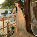 Summer Breeze New Style Folded Hem Strap Dress French Vacation Cool Neck Hanging Skirt Long A-Line Gown round Neck Sleeveless