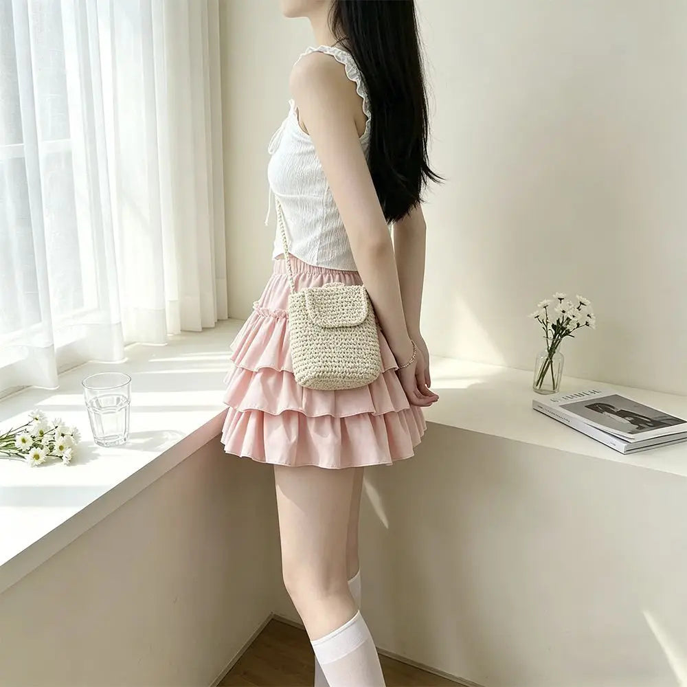 Sweet Ballet Ruffles Mini Skirt Women Ball Gown Casual Pumpkin High Waist Puffy Y2k Clothes Lolita Pleated Skirt with Shorts