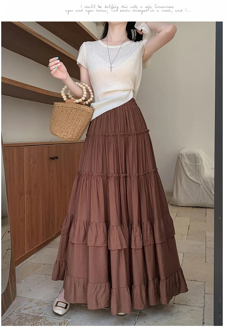 White Tiered Ruffle Hem Skirt 2025 - High Waist Flowy A-Line Maxi Skirt, Summer Chiffon Layered Skirt with Pleats