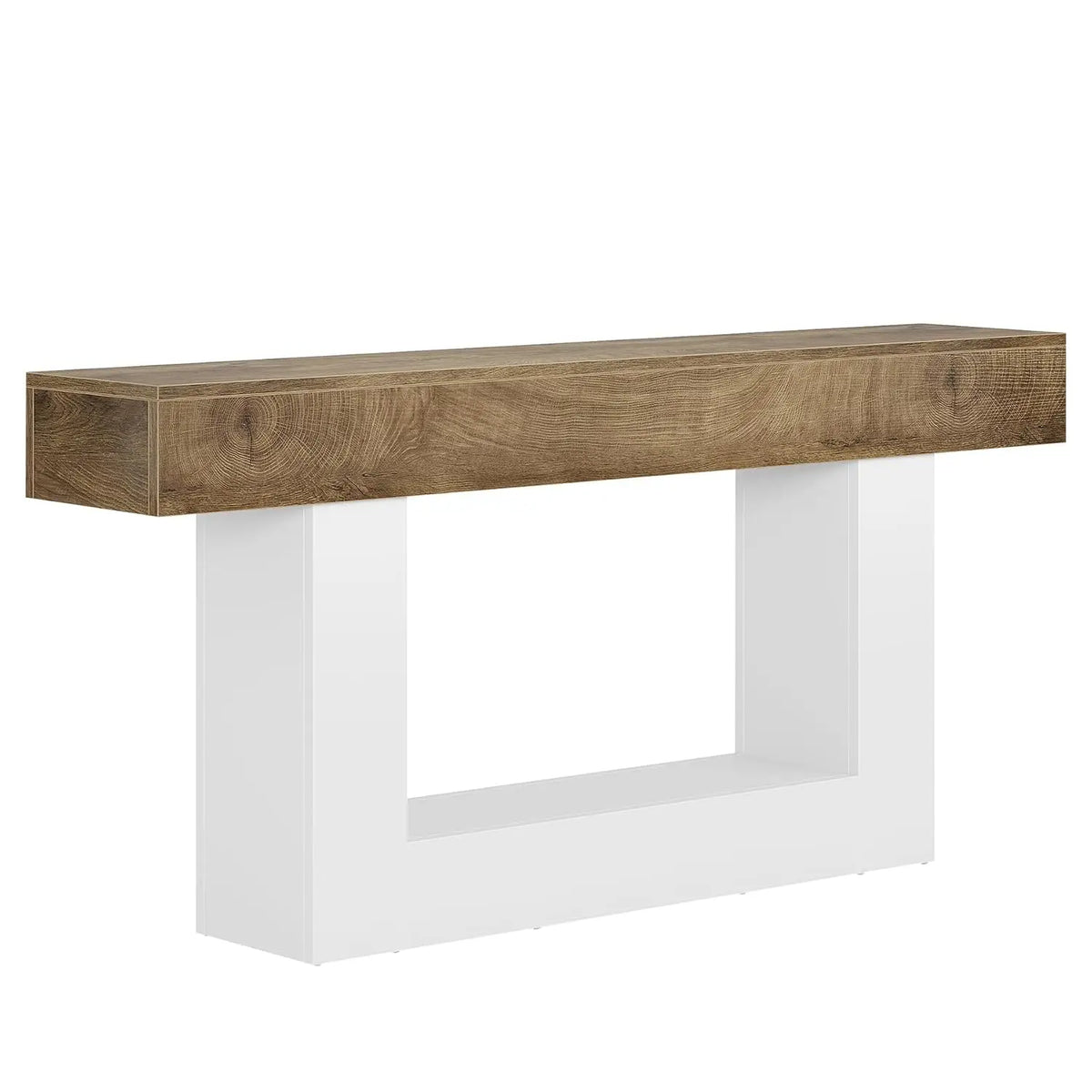 63" Farmhouse 2-Tier Console Table with U-Shaped Base, Narrow Long Wood Sofa Table for Entryway Living Room Hallway, Brown & Whi