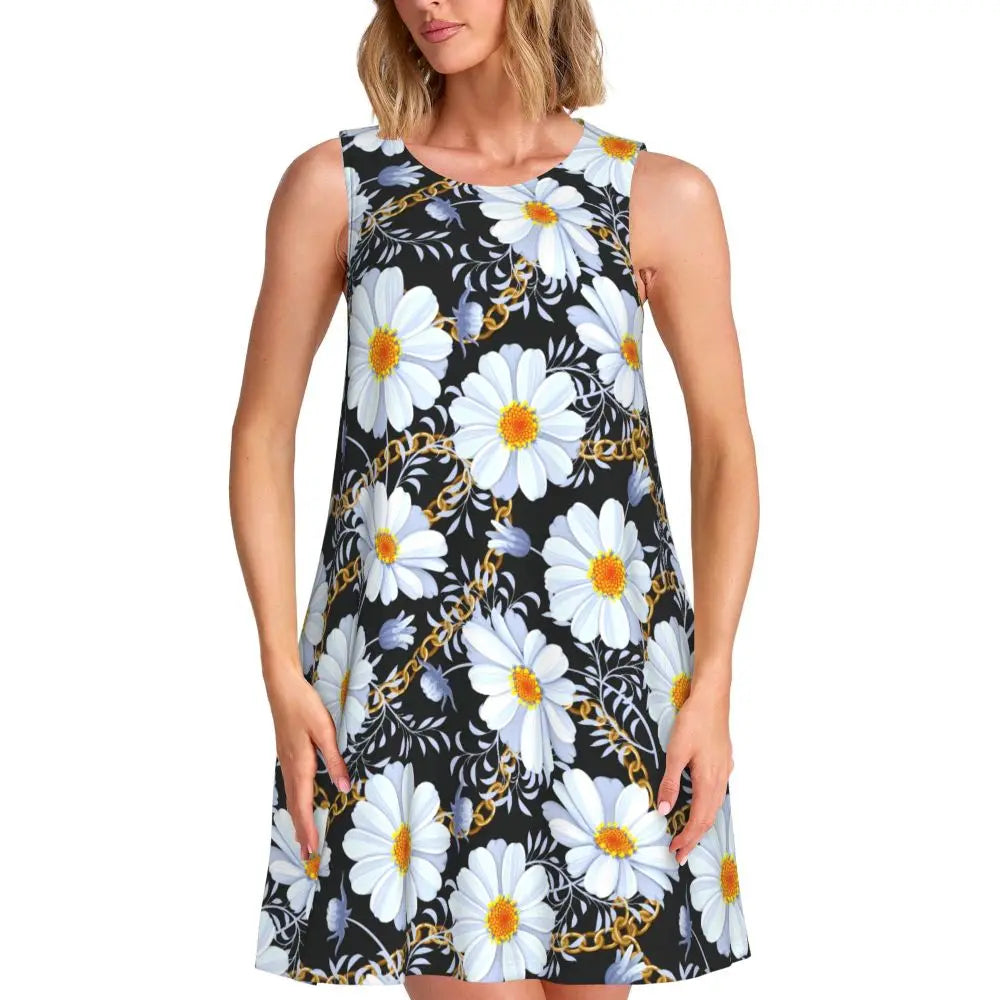 Gold Chains Print Casual Dress Anchor Korean Fashion Dresses Sleeveless Elegant Dress New Arrival Round Neck Lady Print Vestidos