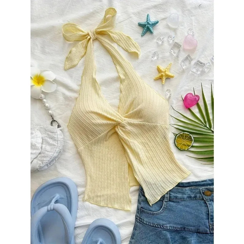 Women Summer Y2K Sexy V-neck Halter Neck Crop Top Sleeveless Solid Split Backless Tops Women's Clothing Streetwear 2026 New