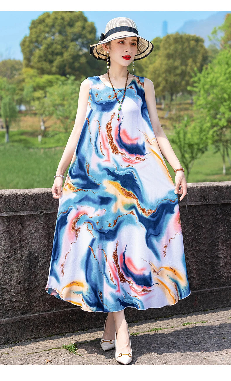 New Women Summer Dresses Vintage Dress FashionRobe Plus Size Sleeveless Femme Casual Print Dresses