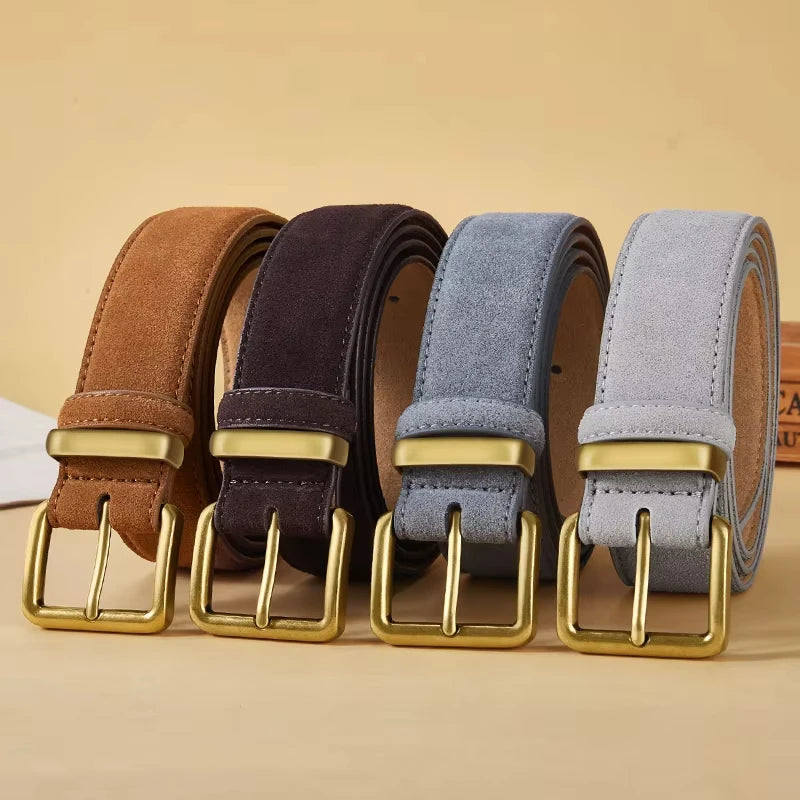 Luxury Suede Cowhide Leather Belt for Women, Vintage Style with Gold Buckle, 3.5cm Wide Waistband for Dresses & Jeans