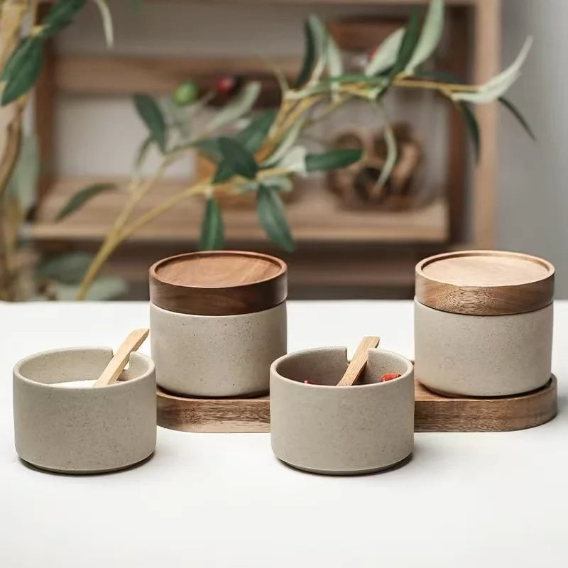 Ceramic Seasoning Jar Retro Japanese Style Home Kitchen Salt Chili Sugar Jar Oil Pot Wooden Lid Spice Kitchen Utensils Modern