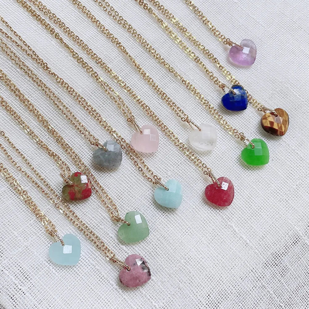 Korean Fashion Real Natural Crystal Stone Pendant Necklace Minimalist Jewelry Mini Small Heart Pendulum Steel Chain Women Choker