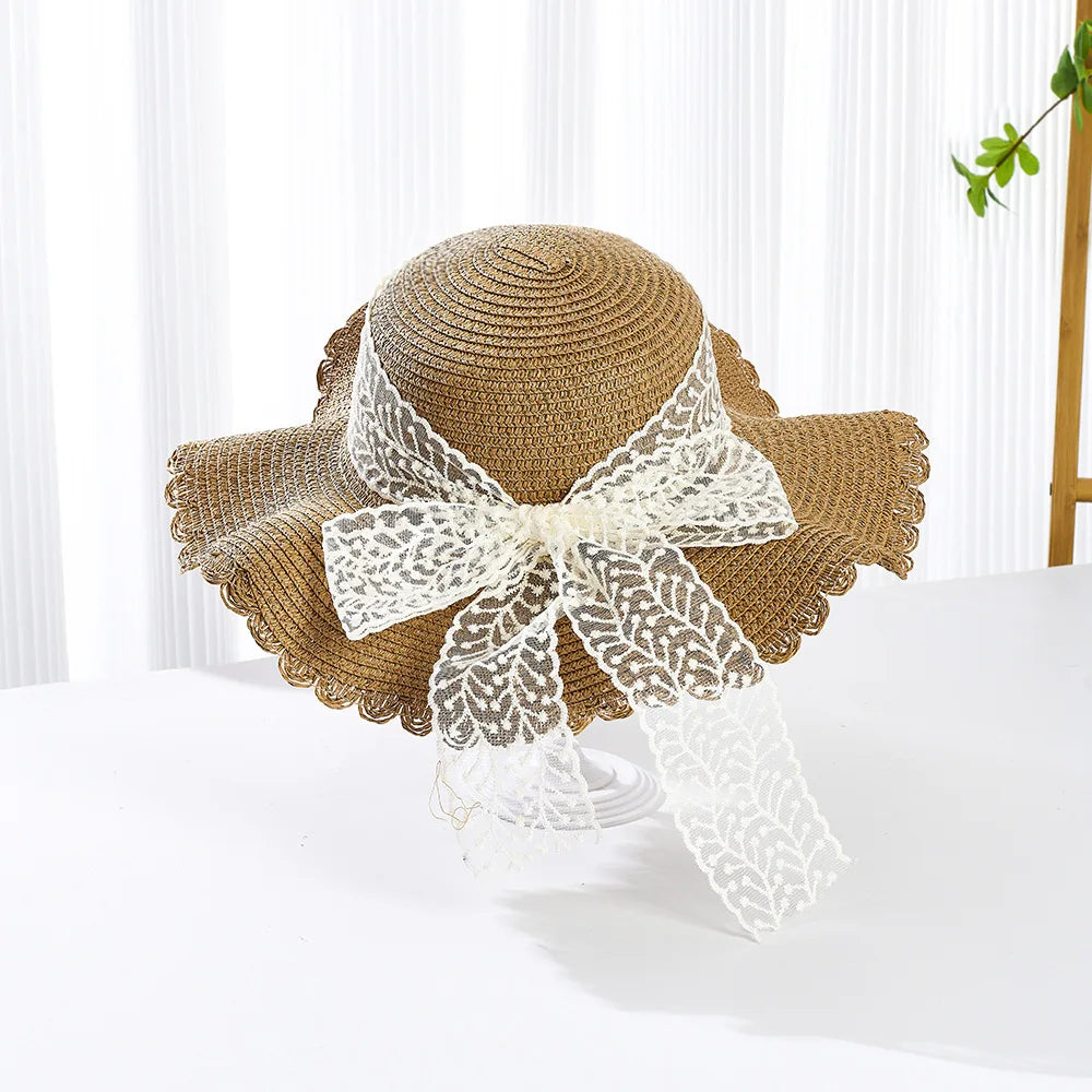 Summer New Children'S Sun Hat Kids Wave Large Brimmed Straw Hat And Bag Sets Girls Sunscreen Beach Hats Baby Hand-Knitted Cap