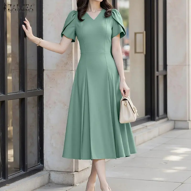 Elegant V Neck Petal Sleeve Sundress ZANZEA Women Summer Dress Stylish Solid A Line Pleated Holiday Dresses Casual OL Work Robe