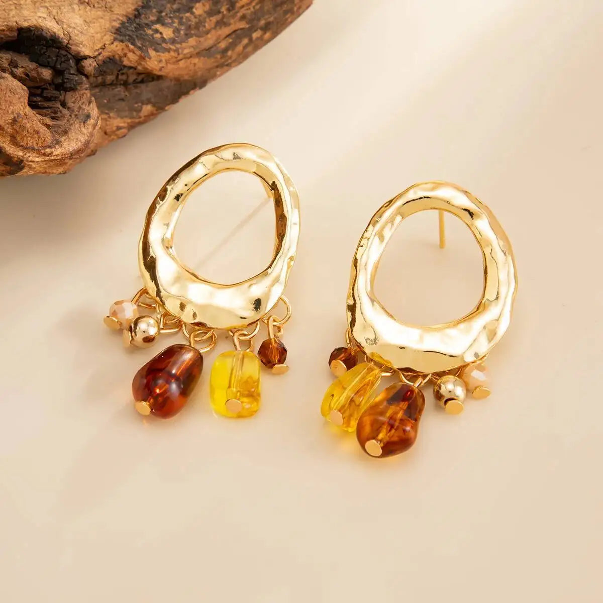 Shixin Vintage Acrylic Beads Tassel Stud Earrings For Women'S Creative Gold Color Hollow Geometry Earrings Fashion Jewelry