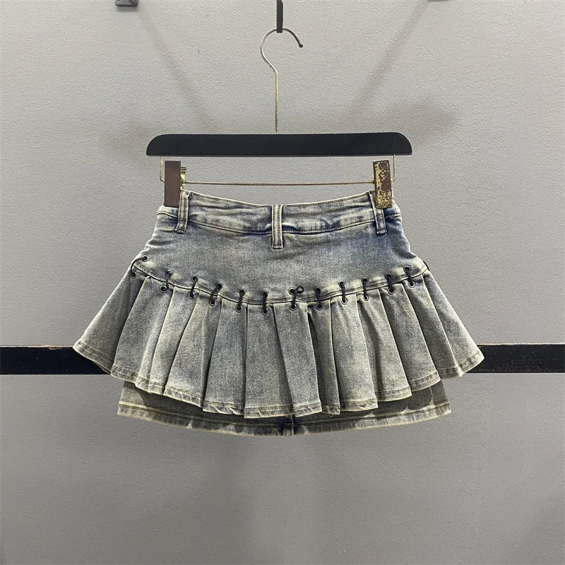 Retro American Denim  Skirt Women's Spring Summer Design Slimming Sexy A-Line Pleated Short Skirt High Waist Cotton Polye...