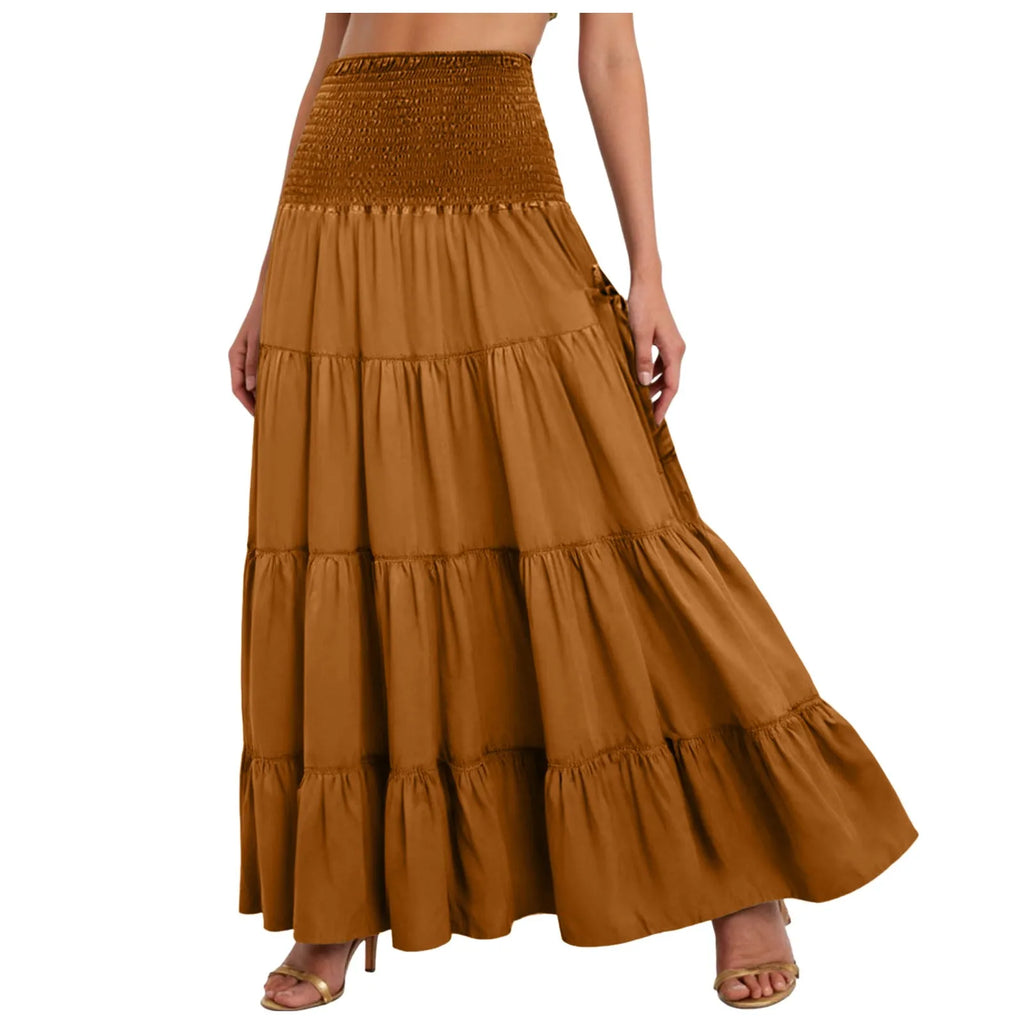 Boho Tiered A-Line Skirt Women Forest Fairy Pockets Patchwork Long Dress Elastic Waist Vintage Hippie Gypsy Maxi Skirt 스커트